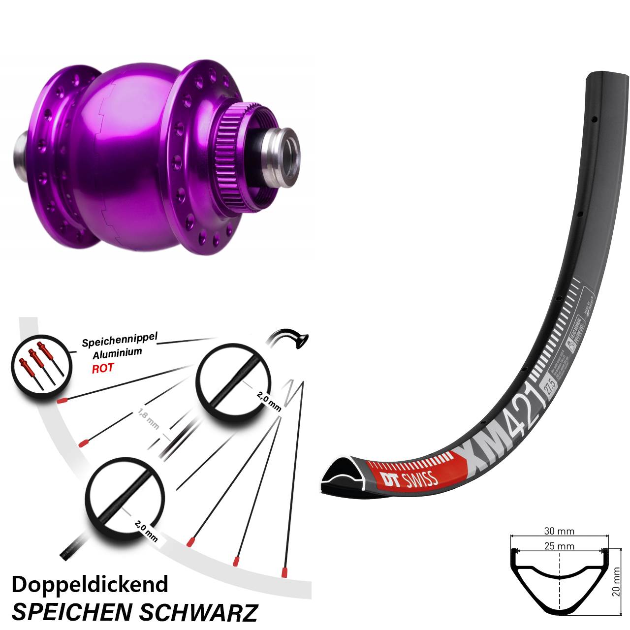 Laufrad 27,5 Zoll DT Swiss XM 421 Disc SON 28-12x100 Centerlock violett