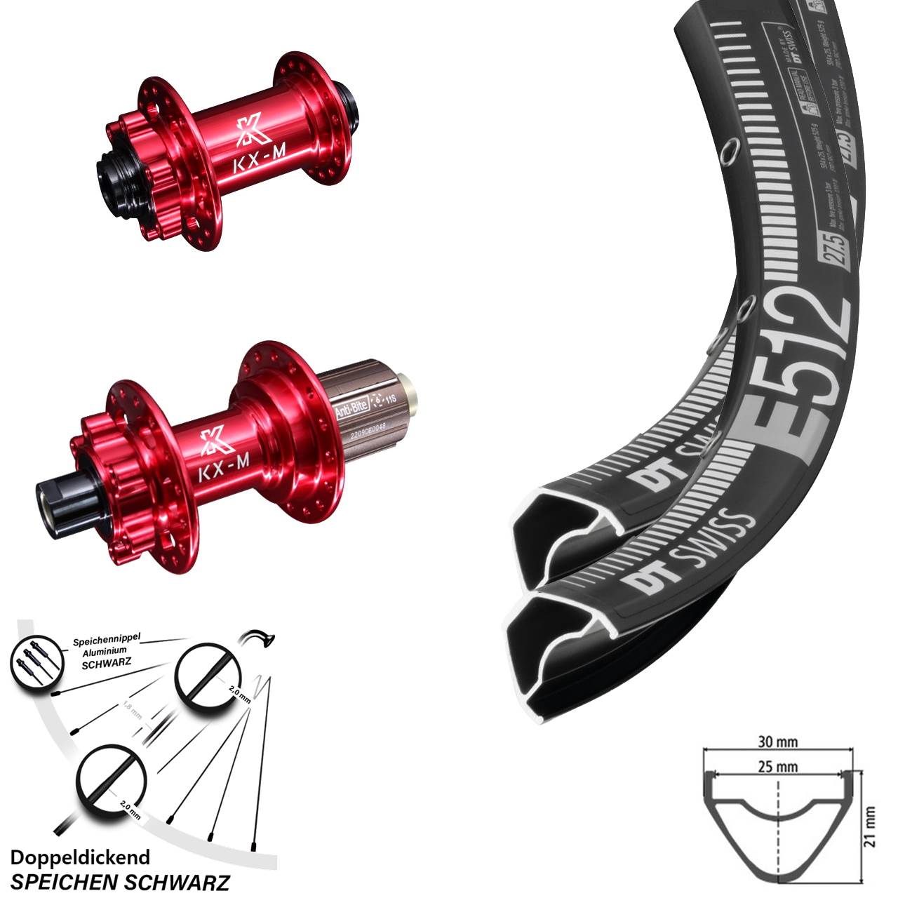 6-Loch 29 Zoll Laufradsatz DT Swiss E512 KX-M rot 8-12 fach 15x100 12x142