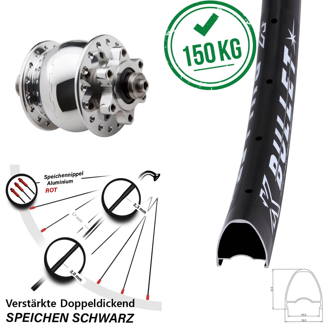 28-29 Zoll KX Bullet SON 28 6-Loch Nabendynamovorderrad für Schnellspanner