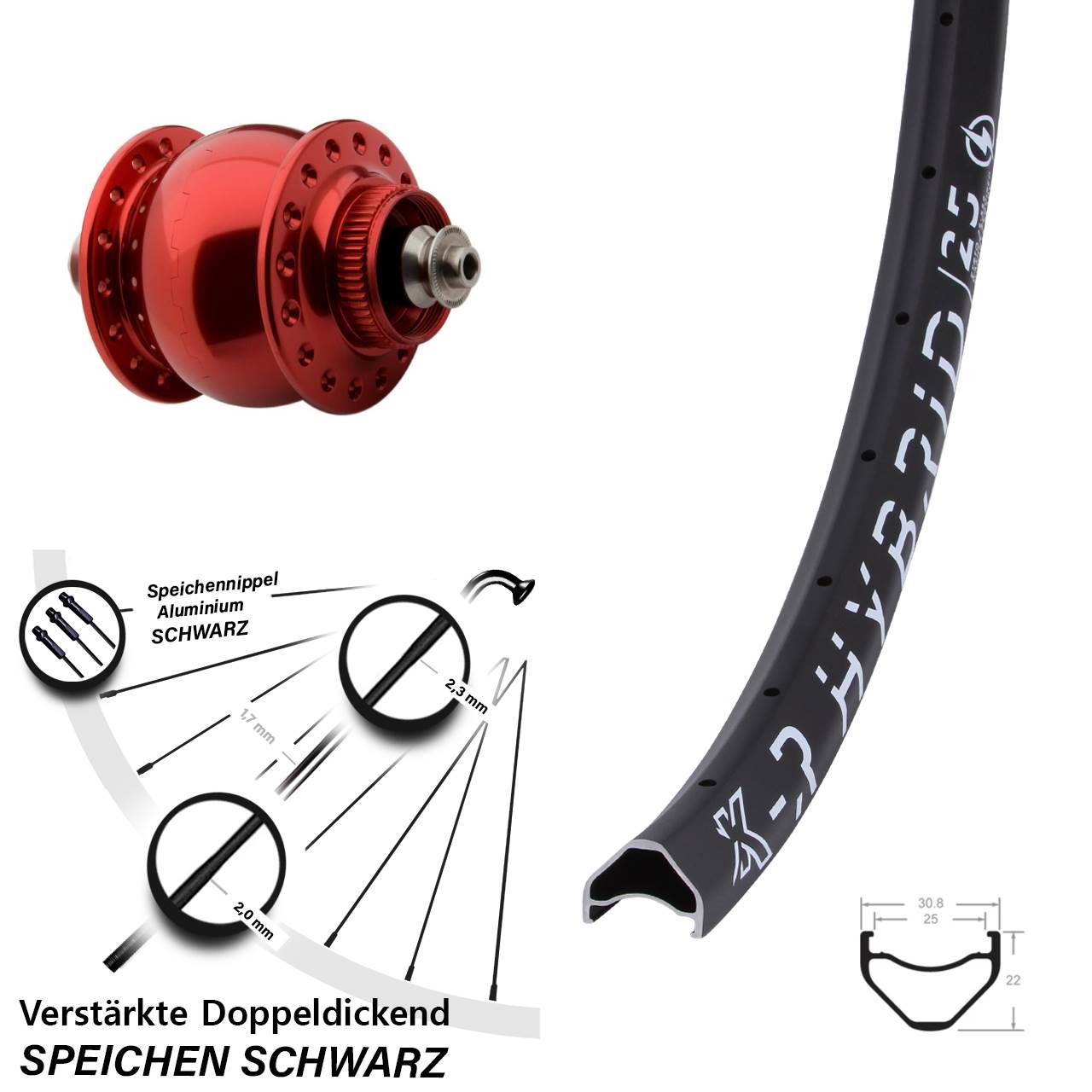 26 Zoll Vorderrad KX-R Hybrid 25 SON delux Disc Centerlock Hohlachse rot eloxiert