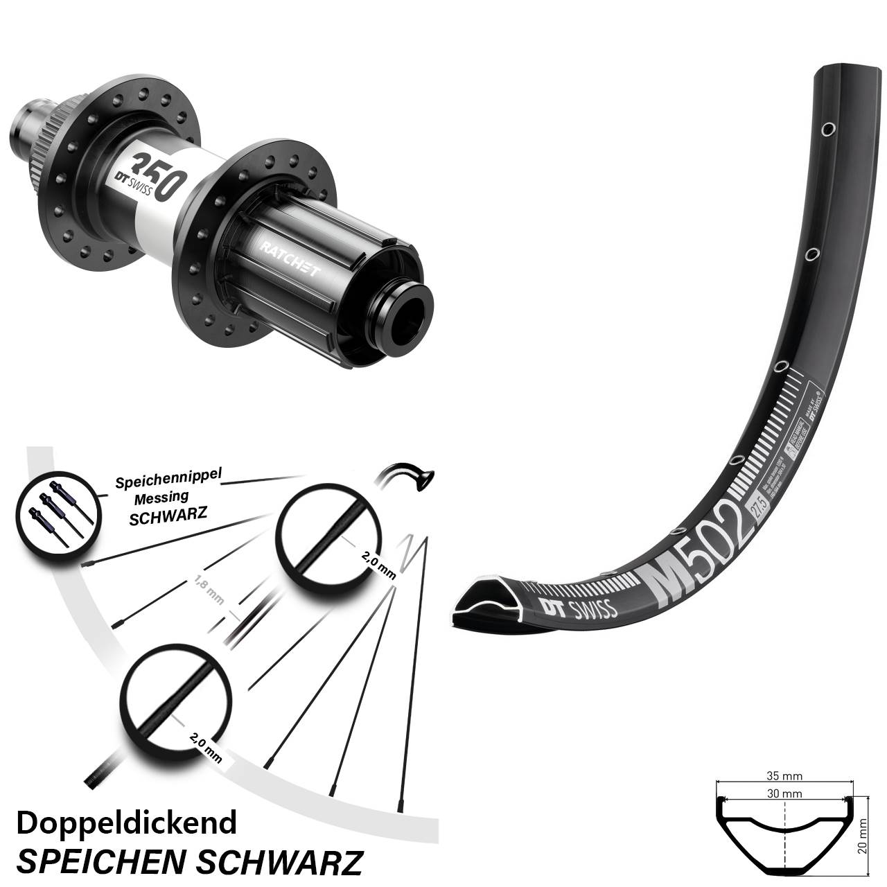 schwarzes 29 Zoll Hinteres Rad M 502 DT Swiss 350 Centerlock Steckachse 12x142 mm 11-fach