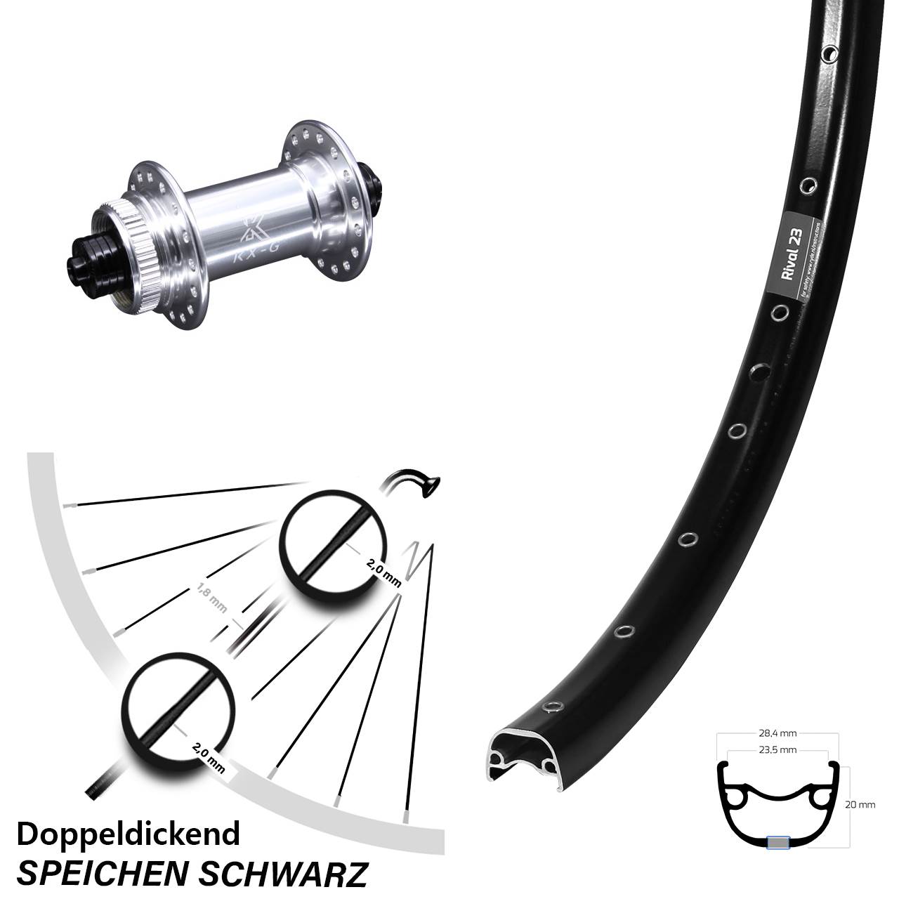 Laufrad 27,5 Zoll Ryde Rival 23 Disc schwarz KX-G Centerlock 5/100 silbern