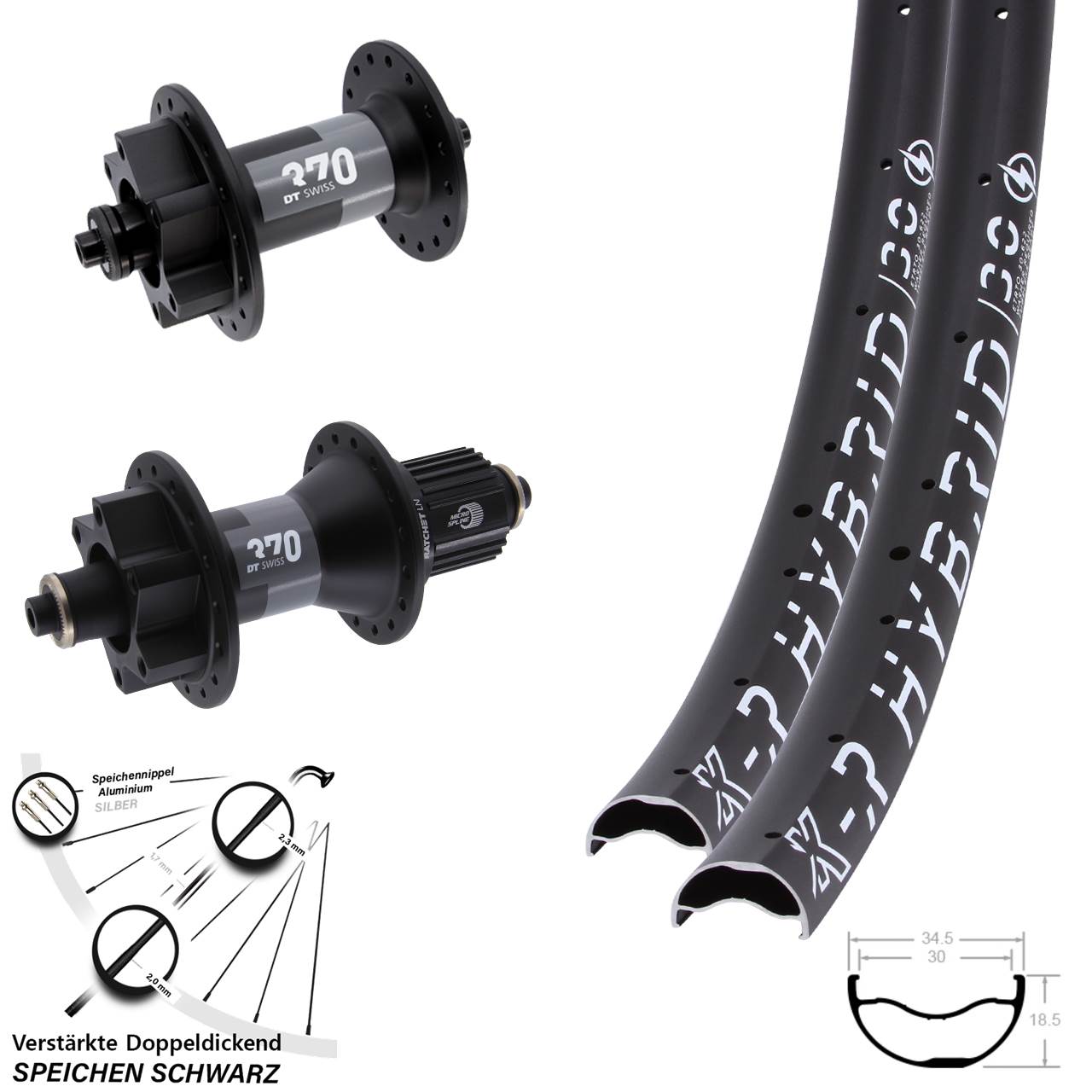 29 Zoll KX-R Hybrid 30 DT Swiss 370 Disc Laufrad-Satz für Schnellspanner Micro Spline