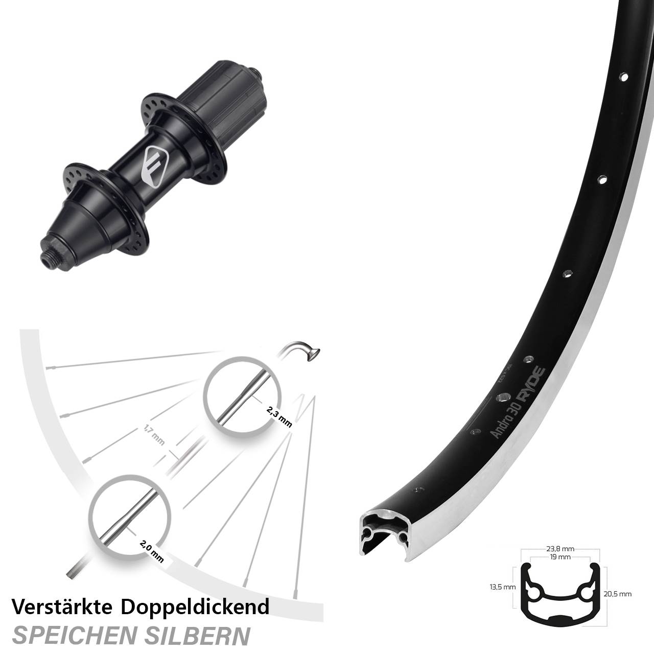 Hinterrad 28 Zoll Ryde Andra 30 Formula 7 fach 5x135 schwarz
