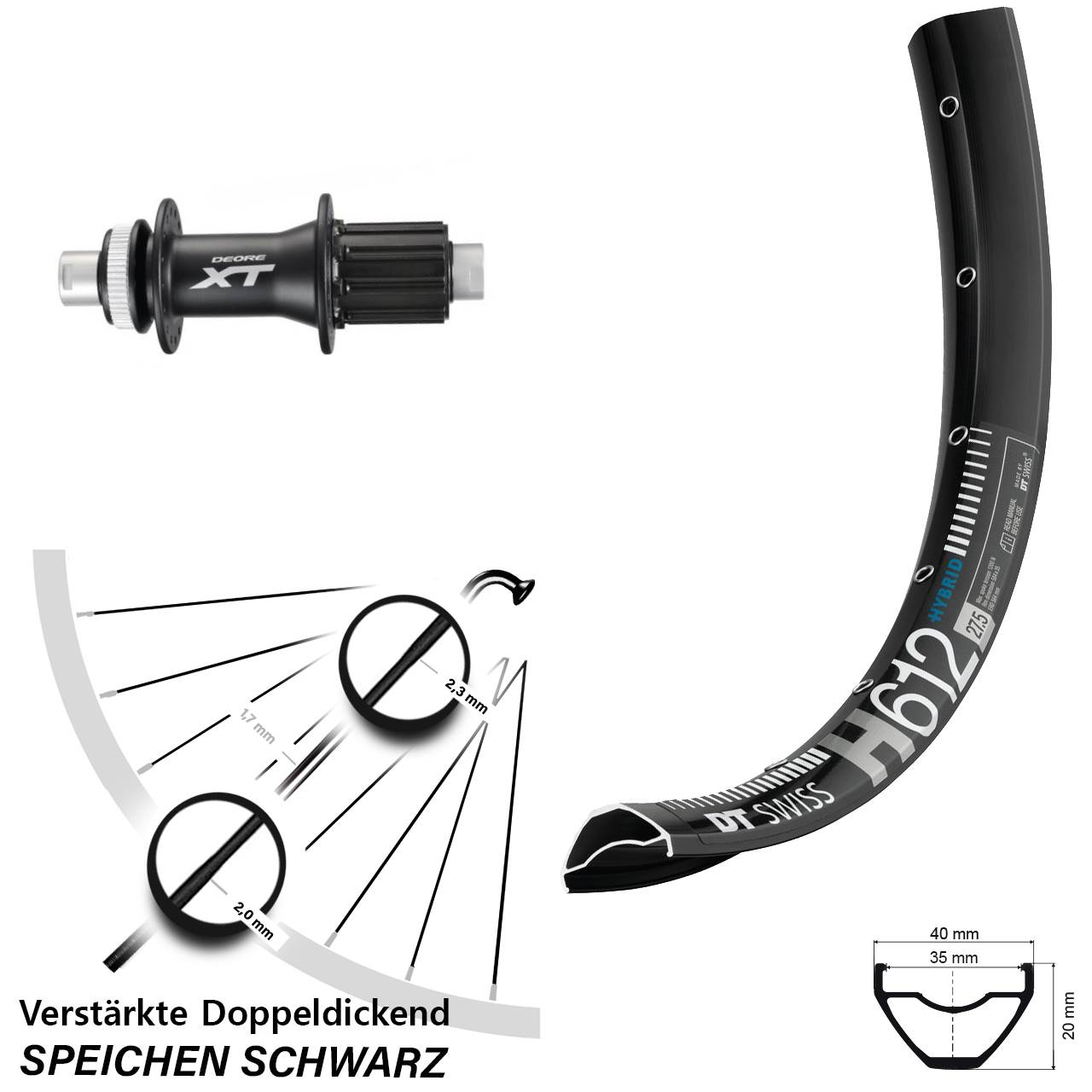 Disc Laufrad 27,5 Zoll DT Swiss H612 Shimano XT 8-11 fach HG 12x142