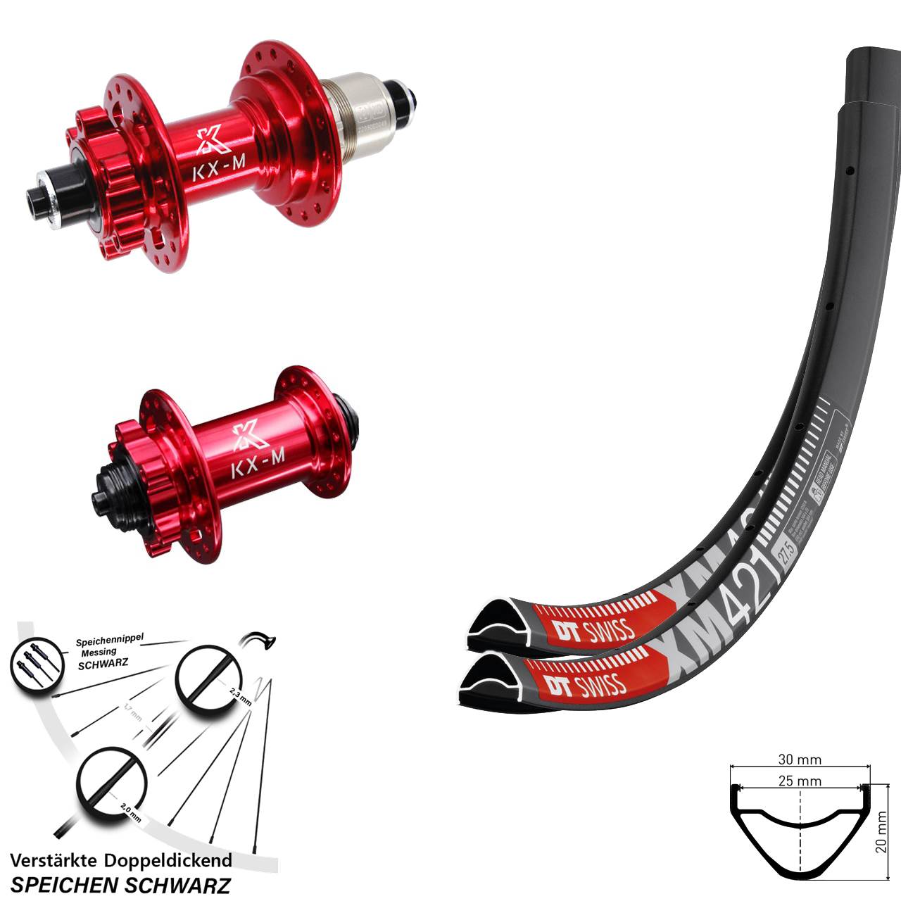 29 Zoll DT Swiss XM421 KX-M rot Laufradsatz 6-Loch für Schnellspanner XD