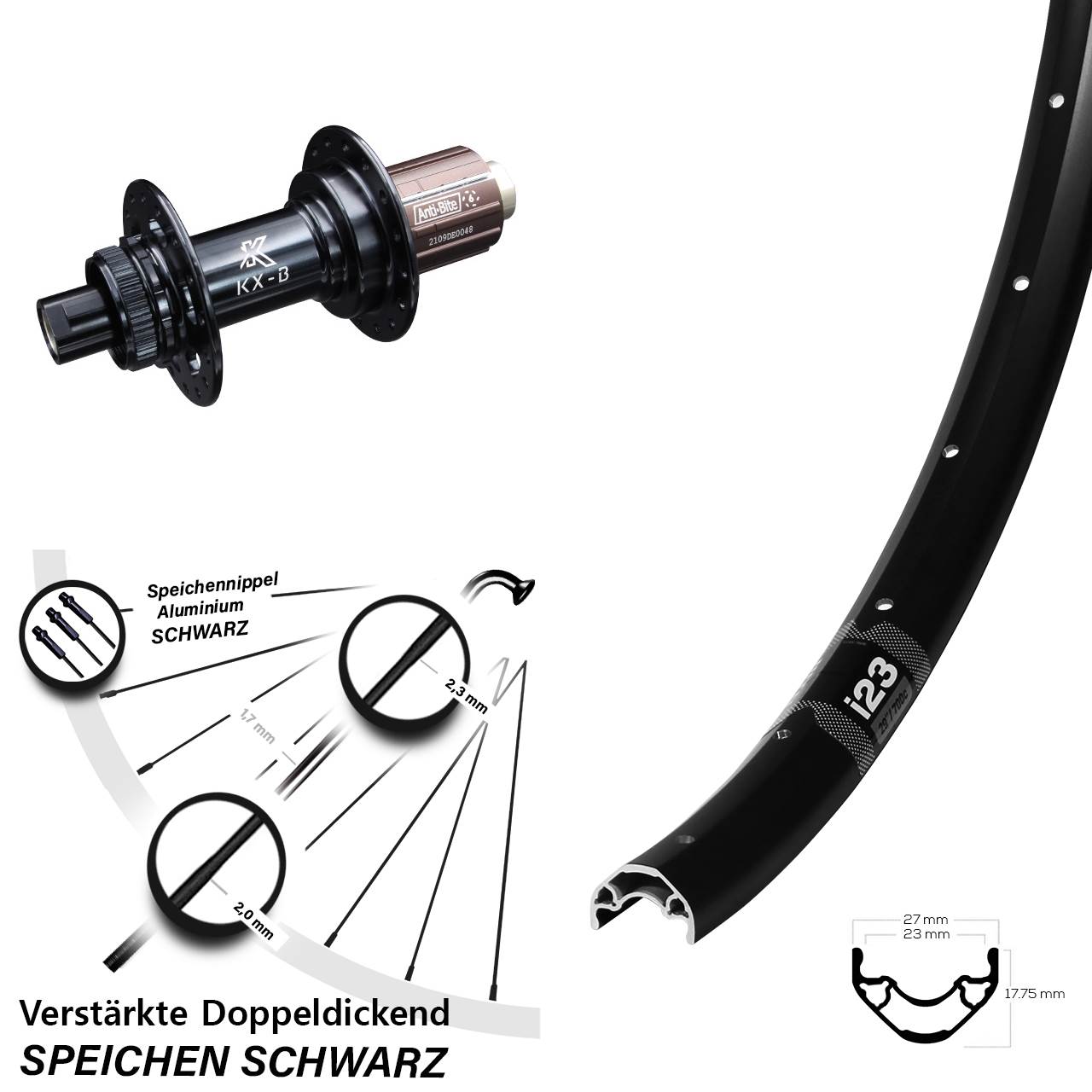28 Zoll Hinterrad WTB I23 KX-B Centerlock 12x148 8-12 fach HG schwarz
