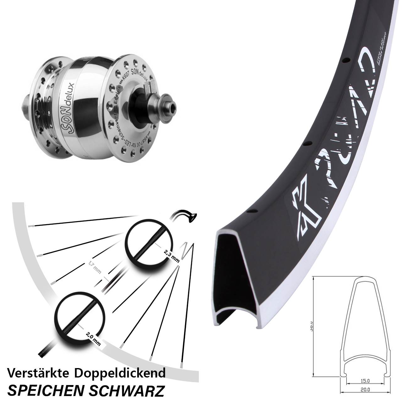 Nabendynamo-Vorderrad 28 Zoll KX Road SONdelux poliert QR