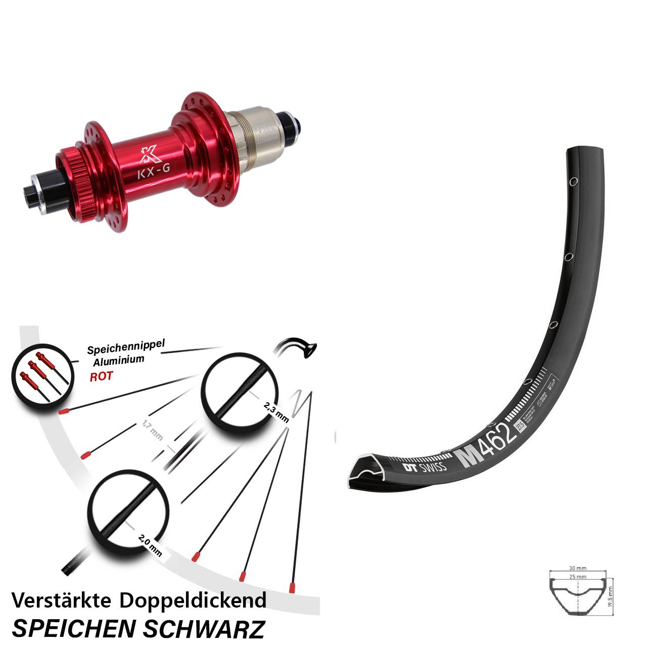 27,5 Zoll DT Swiss M 462 KX-G rot Disc Laufrad für Schnellspanner XDR