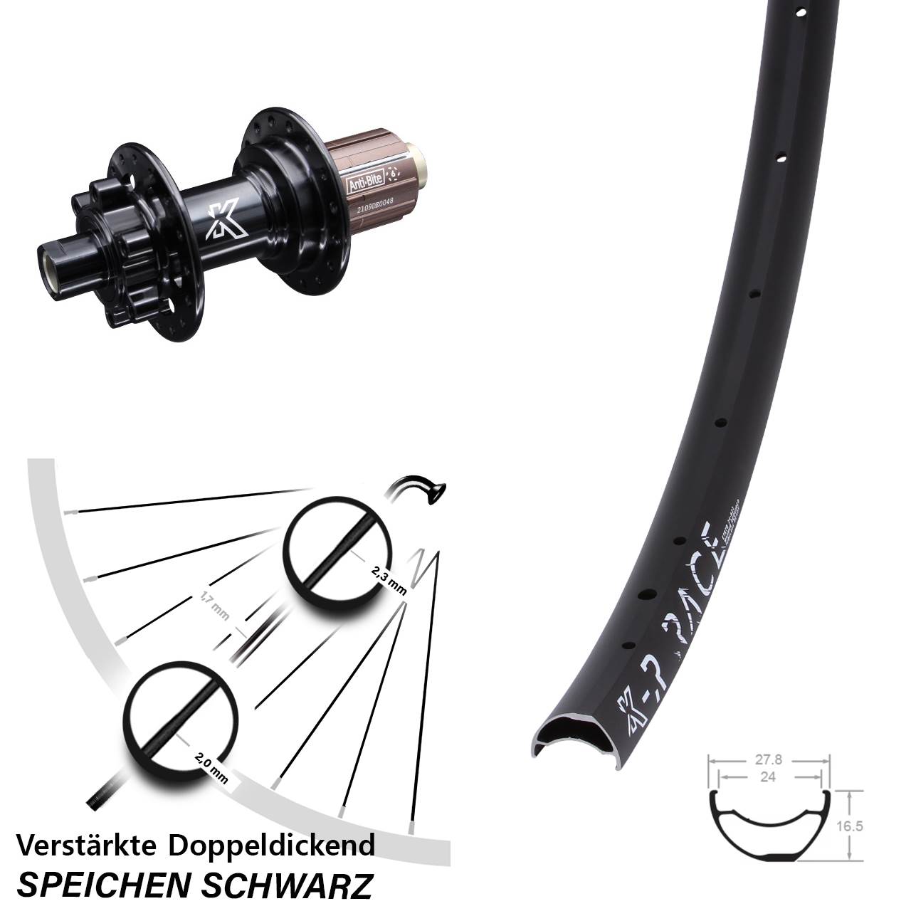 KX-R Race CC verstärkt Shimano Anti-Bite Hinterrad 6-Loch 12x142 8-12 fach HG