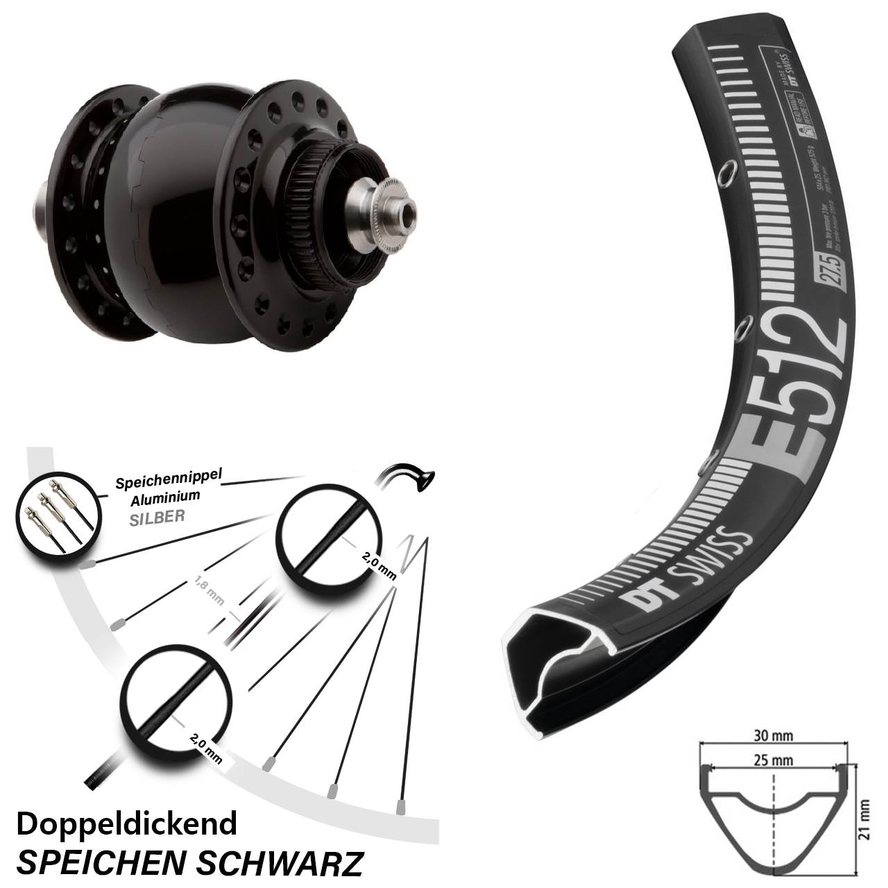 Centerlock Vorderrad mit Dynamo 27,5 Zoll DT Swiss E 512 SON delux für Schnellspanner