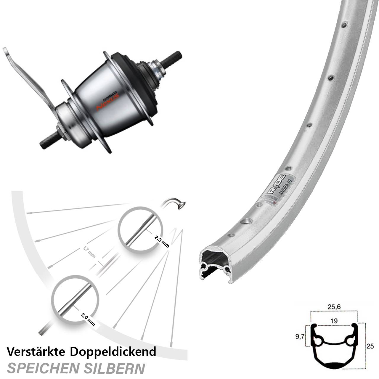Hinterrad 28 Zoll Ryde Andra 10 silbern Shimano 7 Gang mit Rücktritt