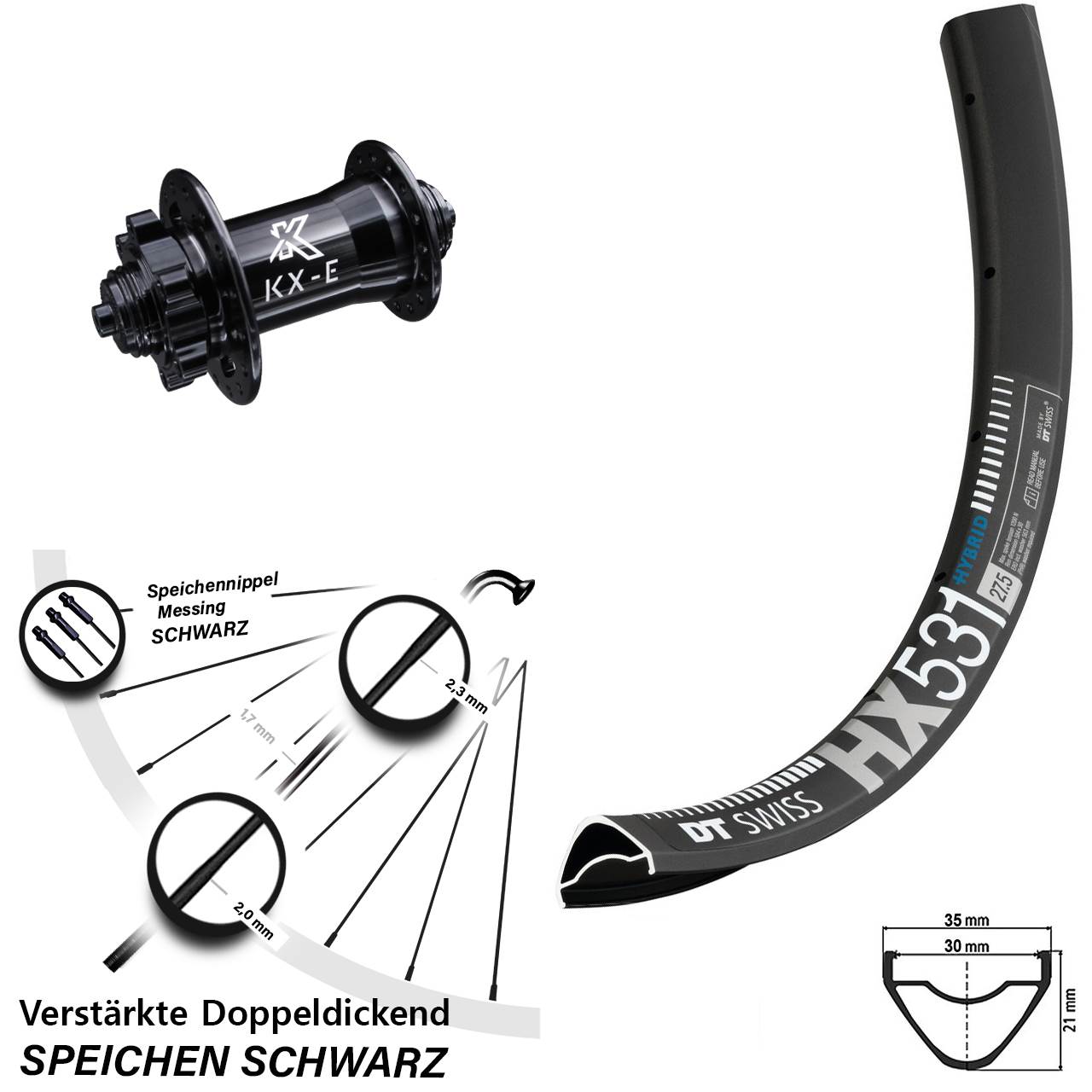 Vorderrad DT Swiss HX 531 E-Bike 29 Zoll Schnellspanner KX-E 5x100 mm 6-Loch verstärkt