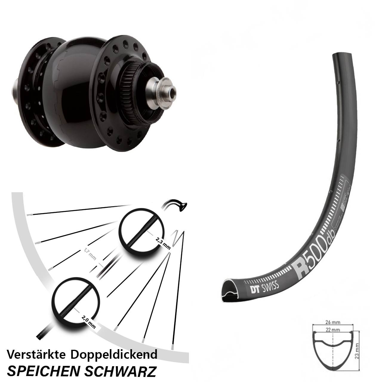 SON 28 DT Swiss R 500 29 Zoll Nabendynamovorderrad Centerlock für Schnellspanner