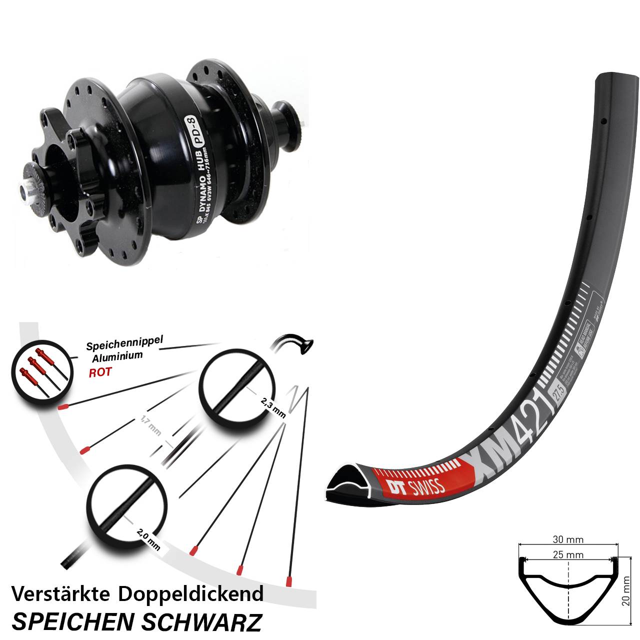 Nabendynamovorderrad 6-Loch 27,5 Zoll DT Swiss XM 421 Shutter PD-8 für Schnellspanner