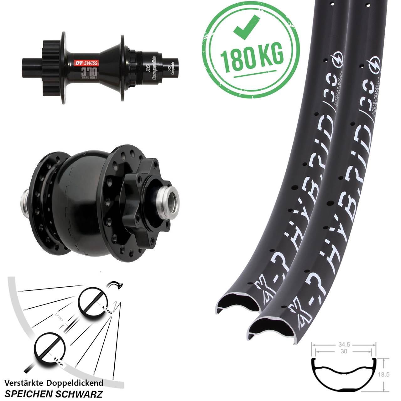 KX-R Hybrid 30 DT Swiss 370 SON 28 29 Zoll Laufradsatz 6-Loch 12x100/142 XD