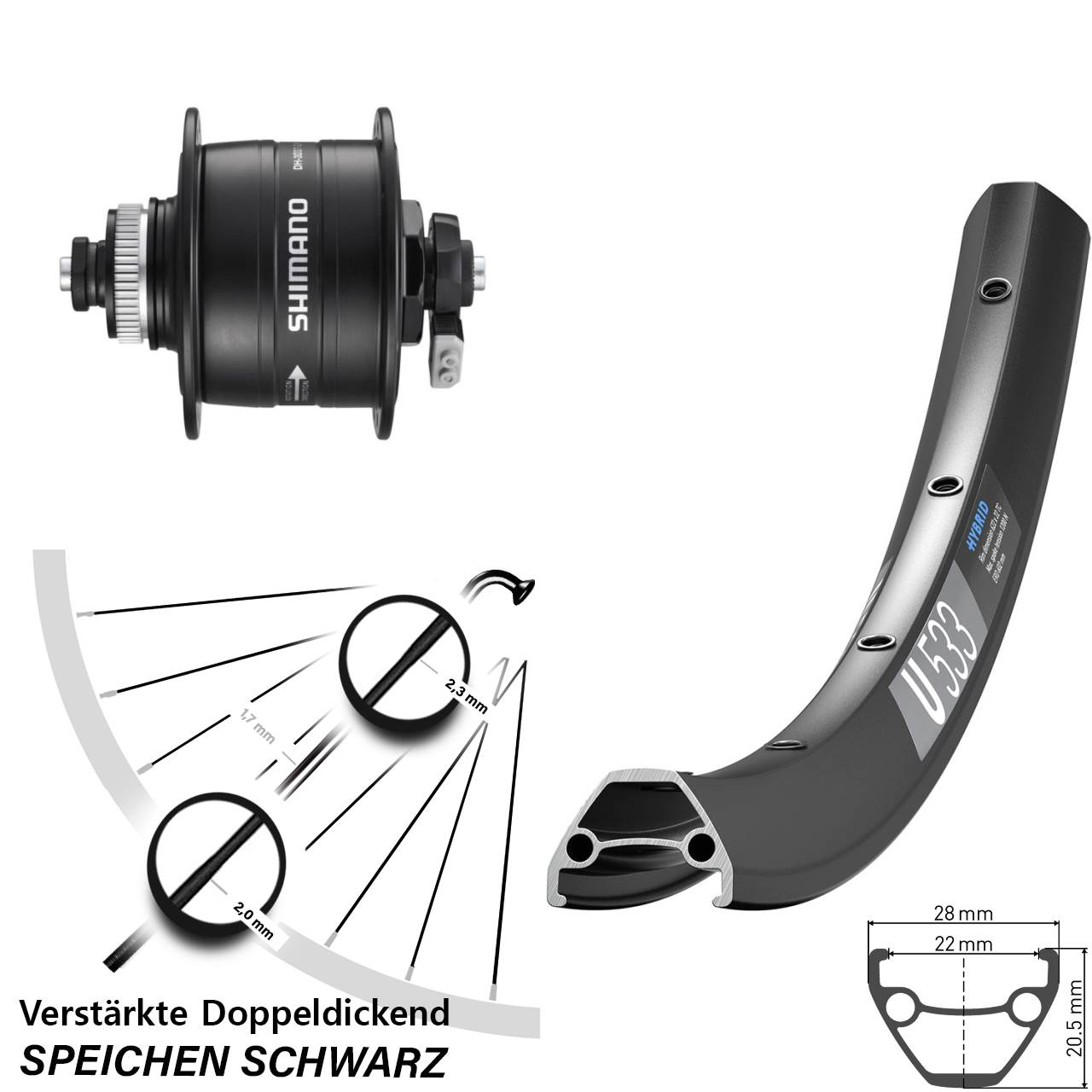 DT Swiss U 533 Shimano DH-3D37 650B Disc Laufrad mit Nabendynamo QR