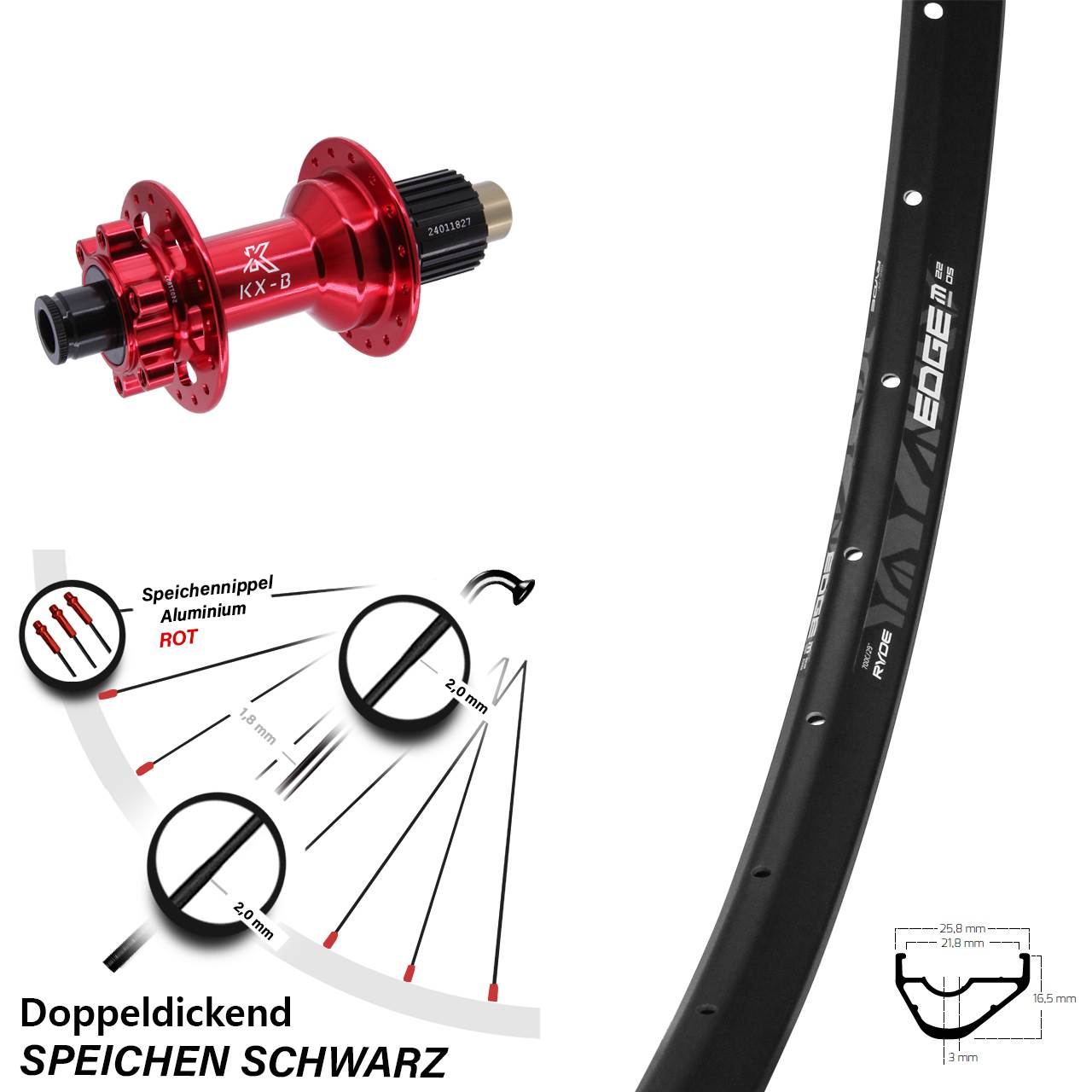 Hinterrad 6-Loch 29 Zoll Ryde Edge M22 OS KX-B rot Micro Spline 12x148