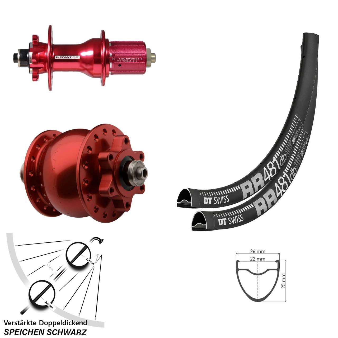 Laufradsatz SON 28 Zoll DT Swiss RR481 Novatec D792SB Disc 6-Loch rot 8-12 fach QR