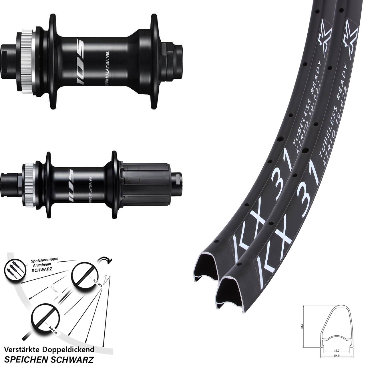 28 Zoll KX 31 Offset Shimano FH-R7070 HB-R7070 Disc Laufradsatz 12x100/142 8-12 fach