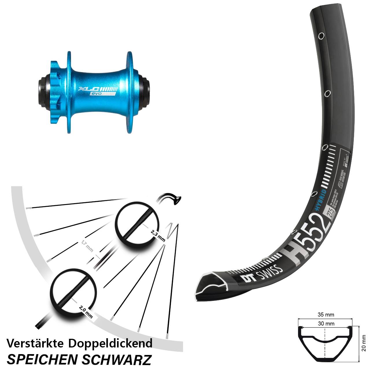 Vorderrad 6-Loch 29 Zoll DT Swiss H552 XLC blau 15x100