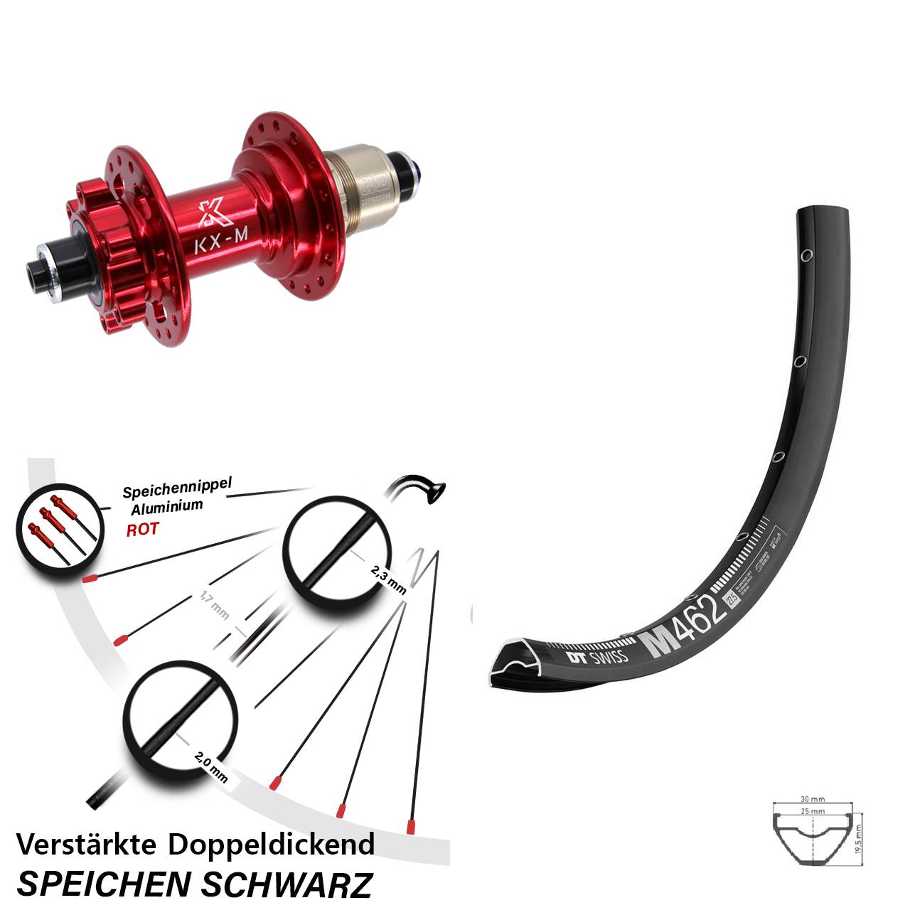 27,5 Zoll Hinterrad für Schnellspanner DT Swiss M462 KX-M rot Disc 6-Loch XD 11-12 fach