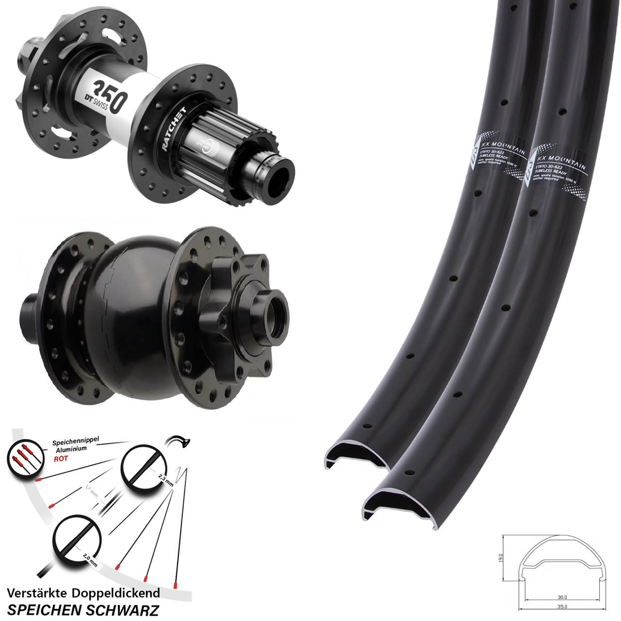 Laufradsatz 29 Zoll KX Mountain DT Swiss 350 Ratchet 36 Disc SON 28 Micro Spline Boost