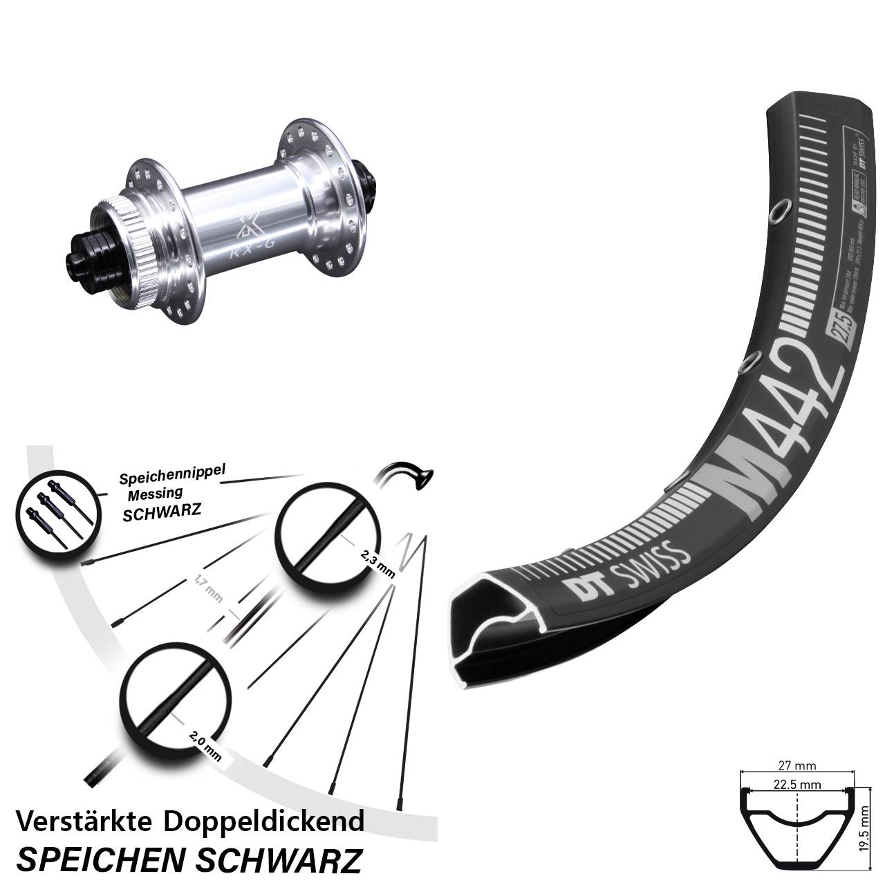 28 Zoll DT Swiss M442 KX-G Disc Vorderrad für Schnellspanner