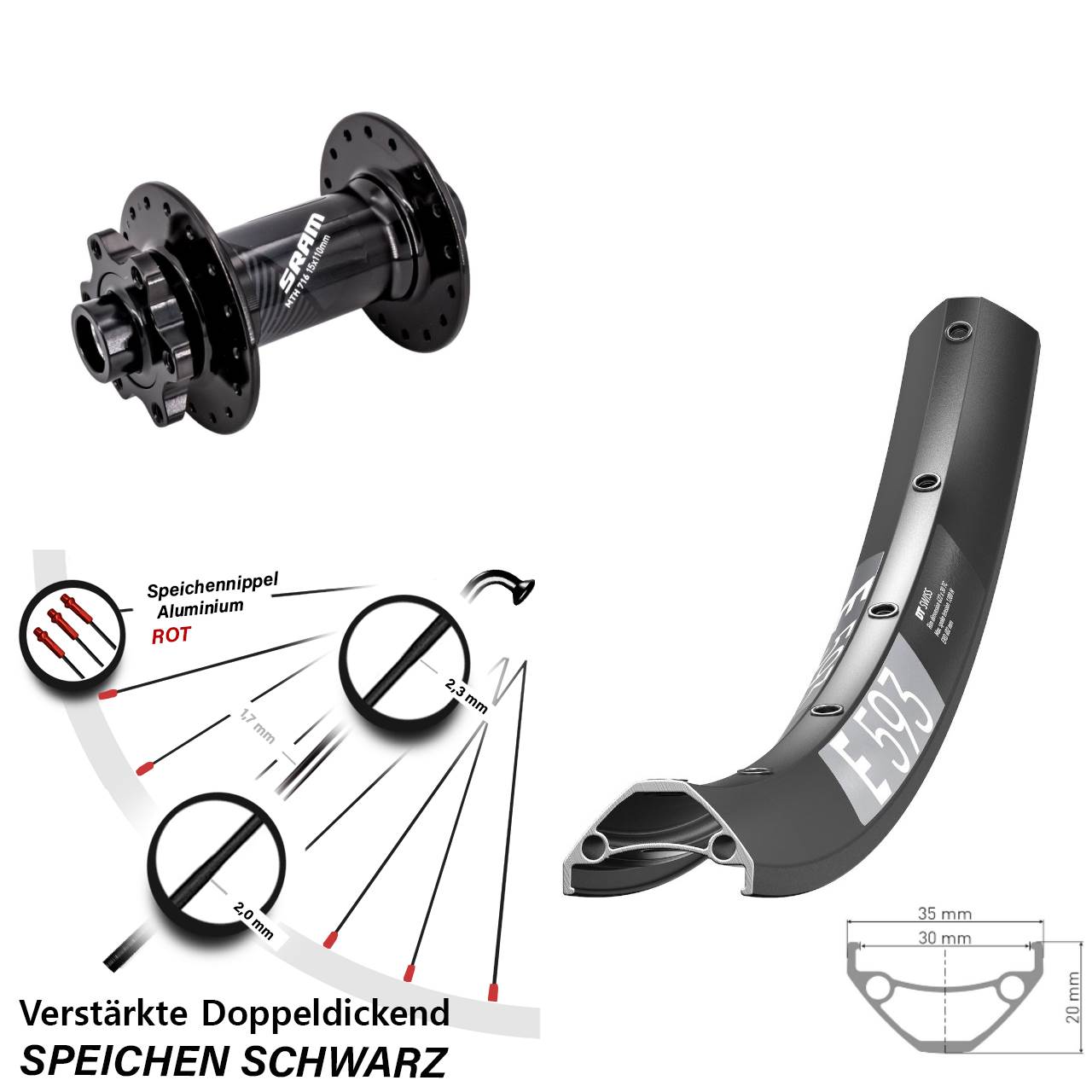Disc Vorderrad 27,5 Zoll DT Swiss E 593 Sram 716 15x110 Boost