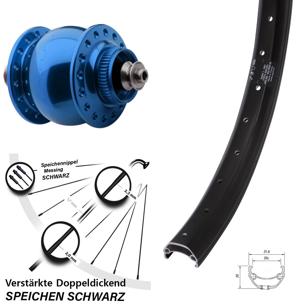 20 Zoll Mach1 Kargo SON 28 blau Dynamo-Vorderrad Centerlock für Schnellspanner