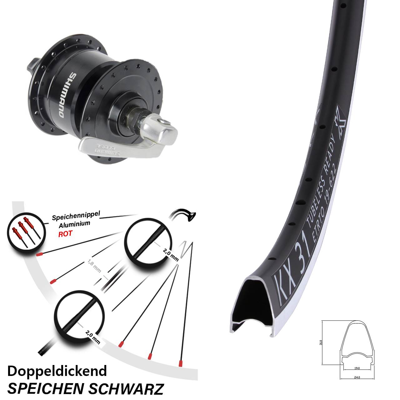 Nabendynamolaufrad QR 28 Zoll KX31 Shimano DH3N72 schwarz