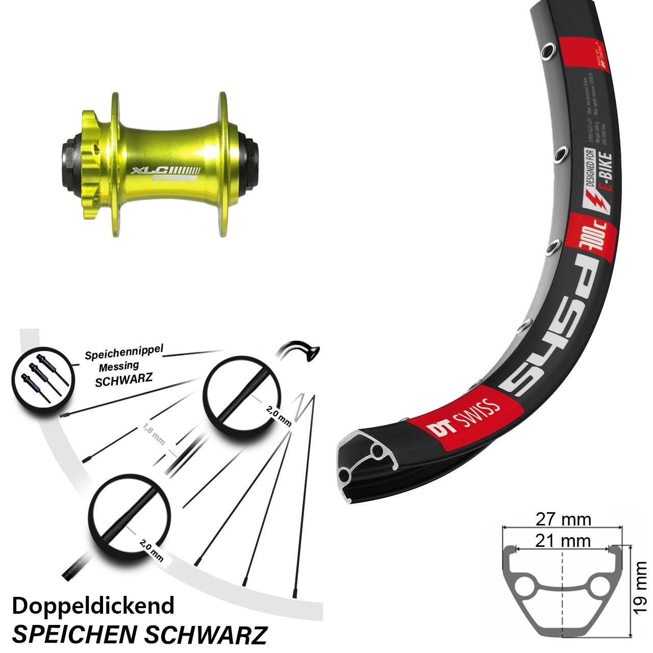 28 Zoll DT Swiss 545 XLC grün Vorderrad 6-Loch 15x100