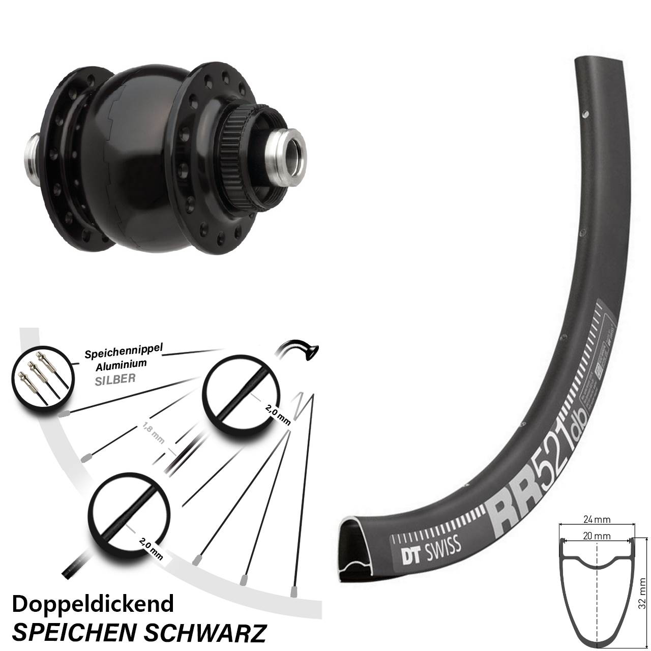28 Zoll Vorderrad Nabendynamo Son DT Swiss RR 521 Disc