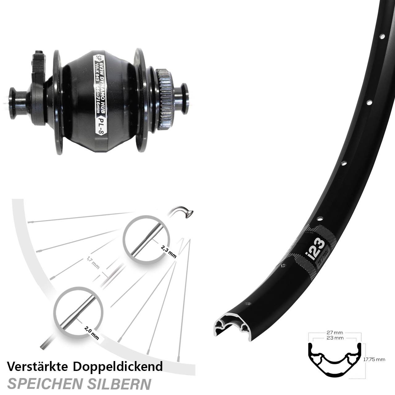 Disc Nabendynamovorderrad 28-29 Zoll WTB i23 Shutter Precision PL-8 für Schnellspanner