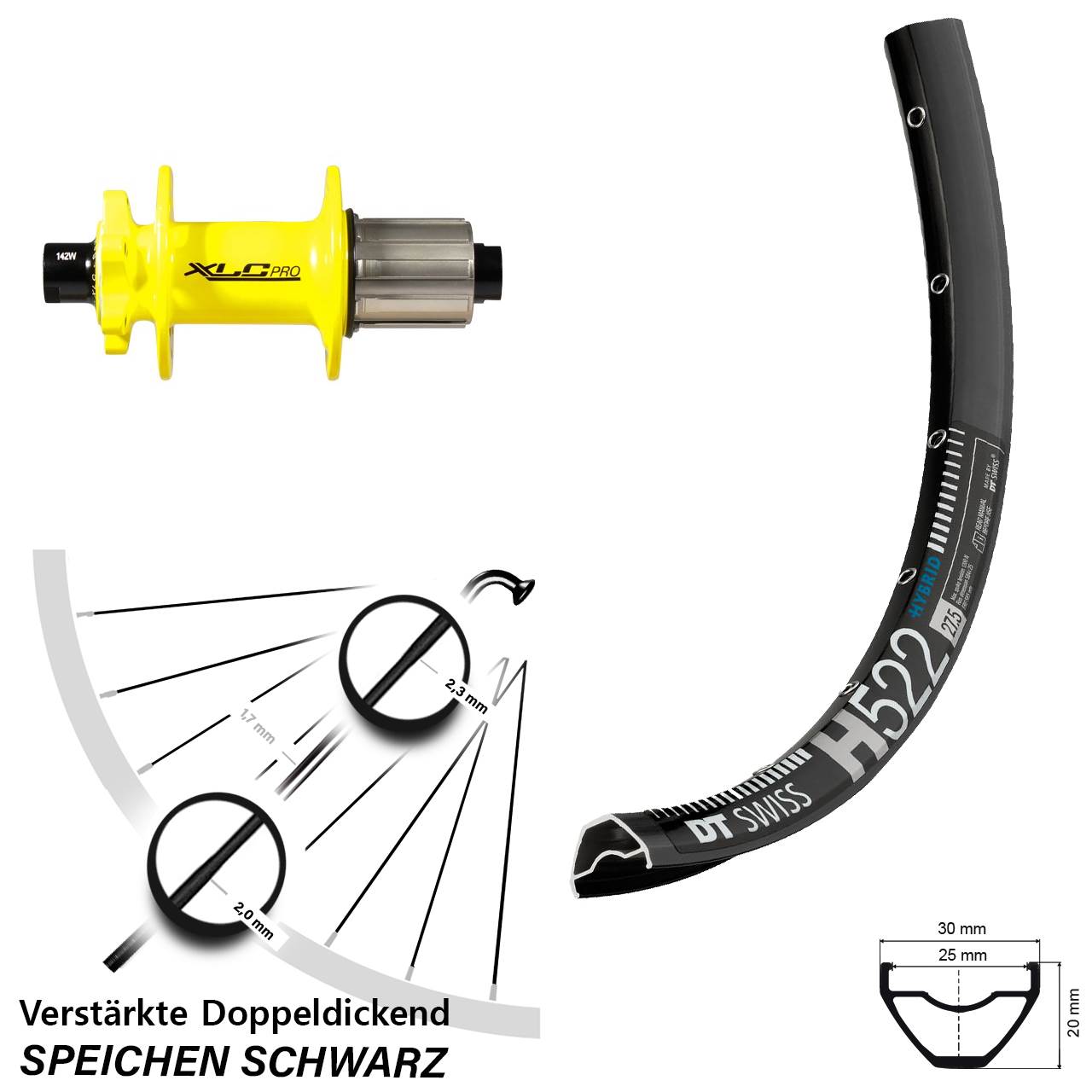Disc Laufrad 27,5 Zoll DT Swiss H522 XLC gelb 8-11 fach 12x142