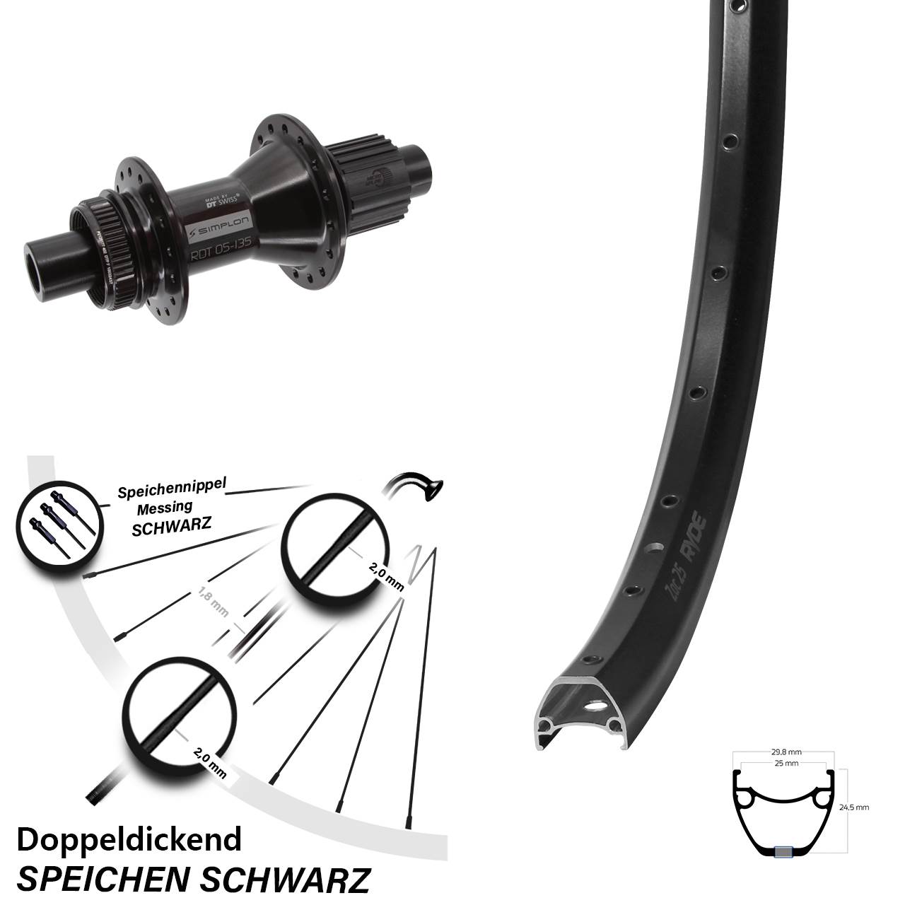 Hinterrad 28-29 Zoll Ryde ZAC 25 DT Swiss 370 Hybrid SE-3P 12x142 Centerlock Micro Spline