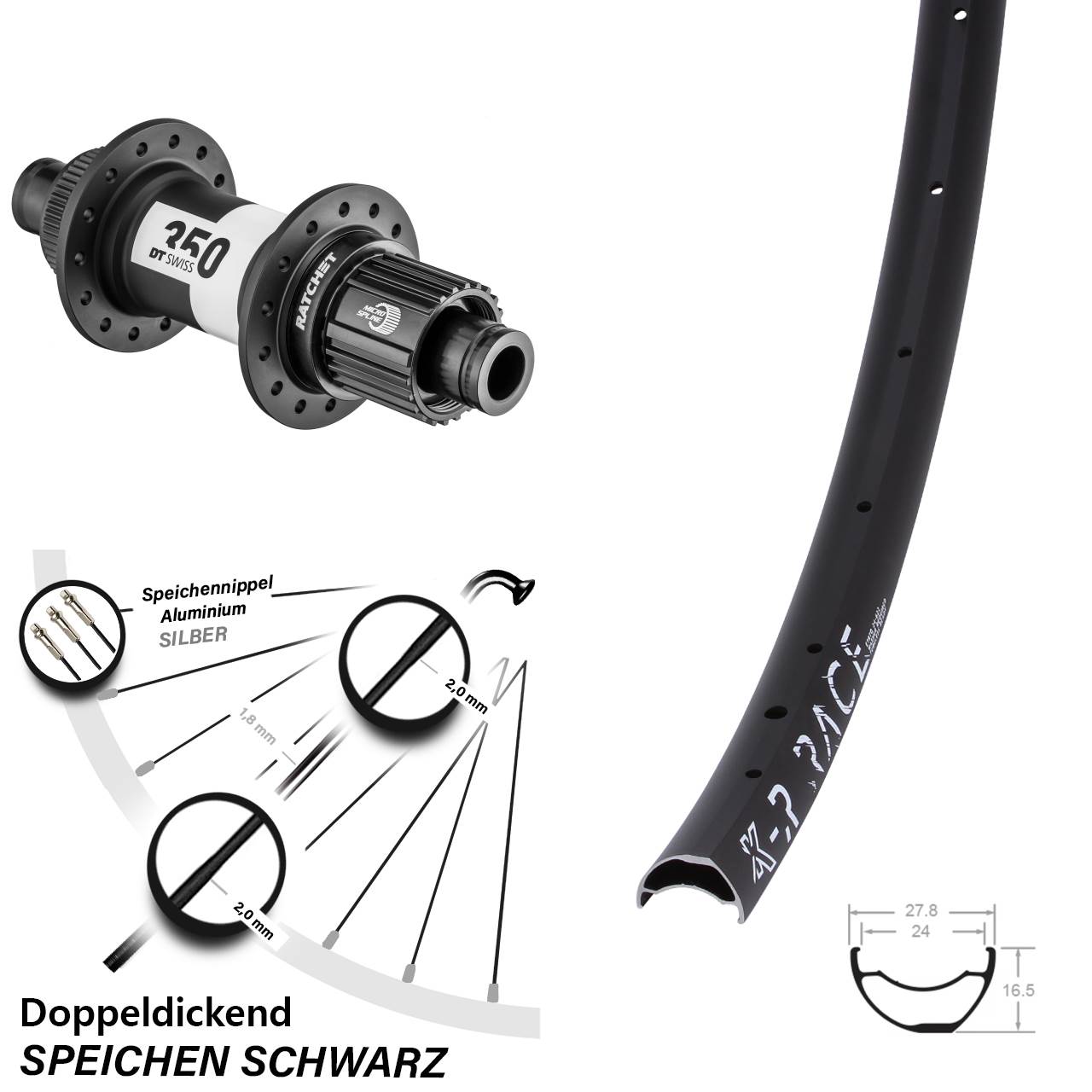 KX-R Race DT Swiss 350 28 Zoll Hinterrad Centerlock 12x142 Micro Spline