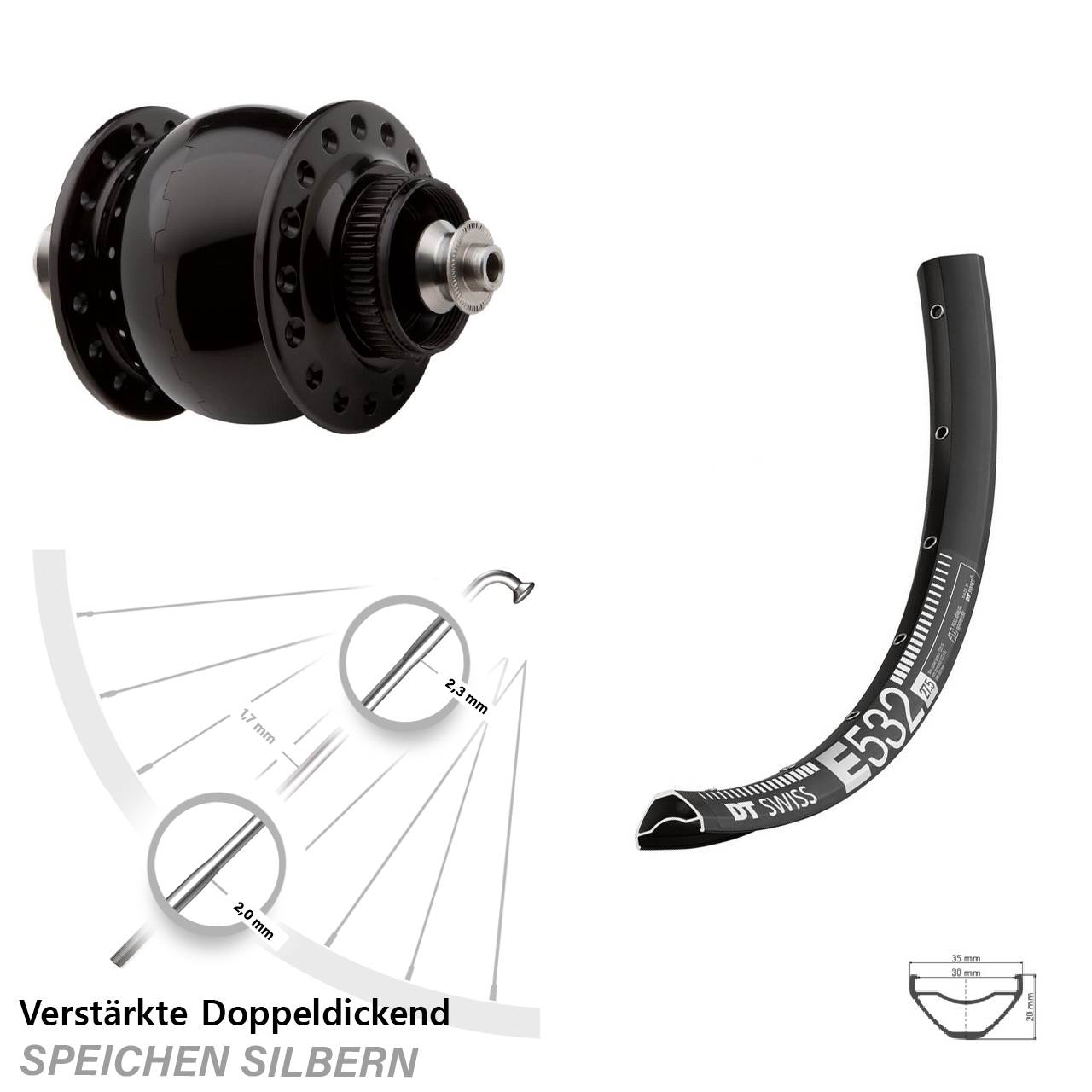 Centerlock Vorderrad mit Dynamo 27,5 Zoll DT Swiss E532 SON 28 für Schnellspanner