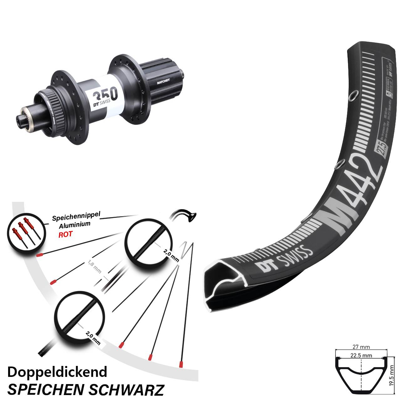350 DT Swiss M 442 Hinteres Rad 29 Zoll Centerlock Schnellspanner 8-11 fach