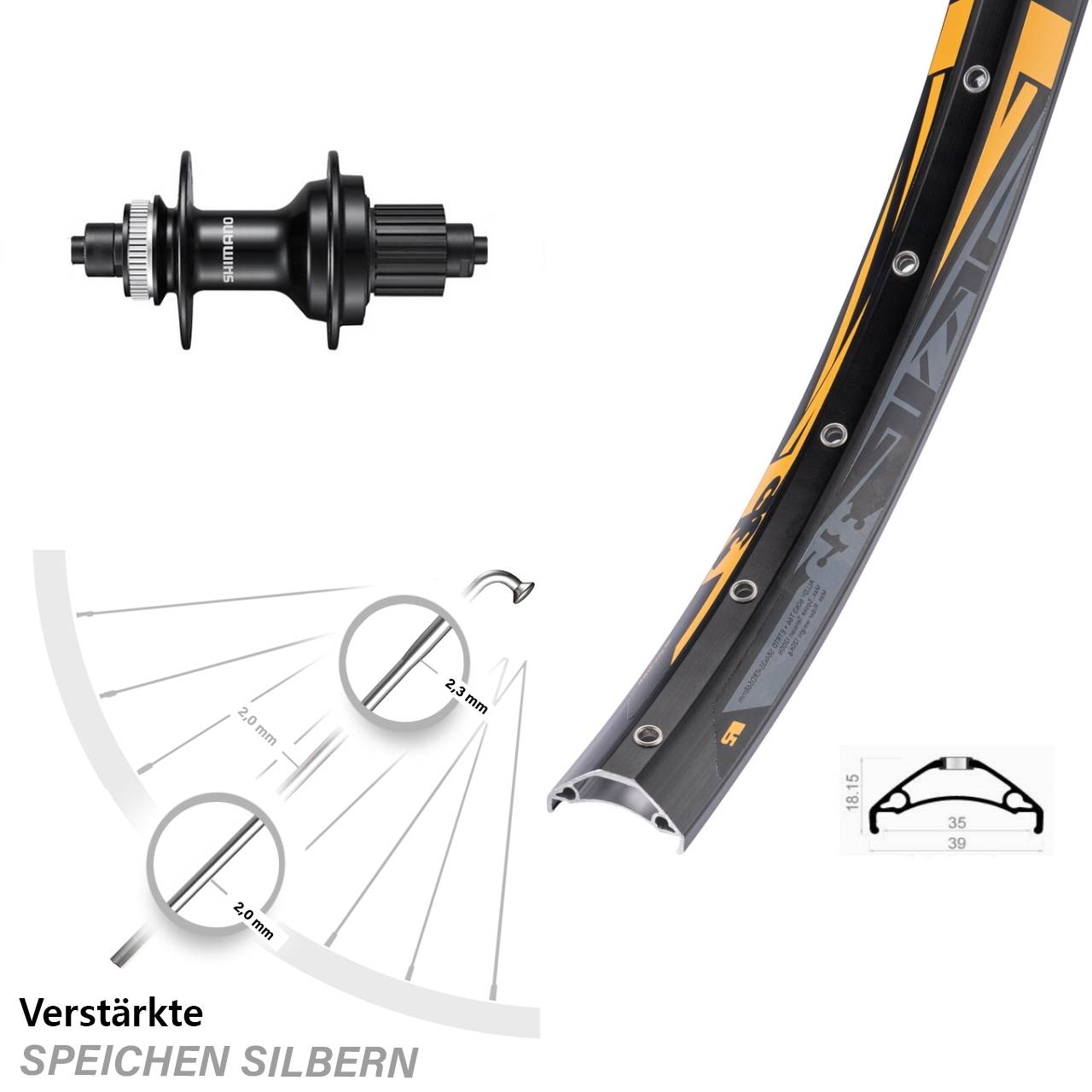 27,5 Zoll Rodi TRYP 35 Shimano FH-MT500 Disc Laufrad QR Micro Spline