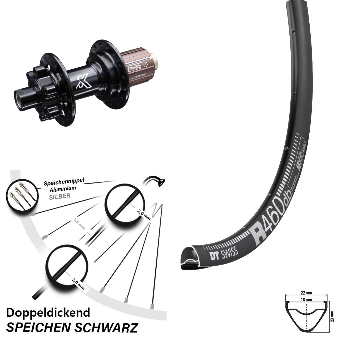 28 Zoll Hinterrad DT Swiss R 460 Disc 6-loch Nabe KX-M schwarz 12x142 mm 8-12 fach