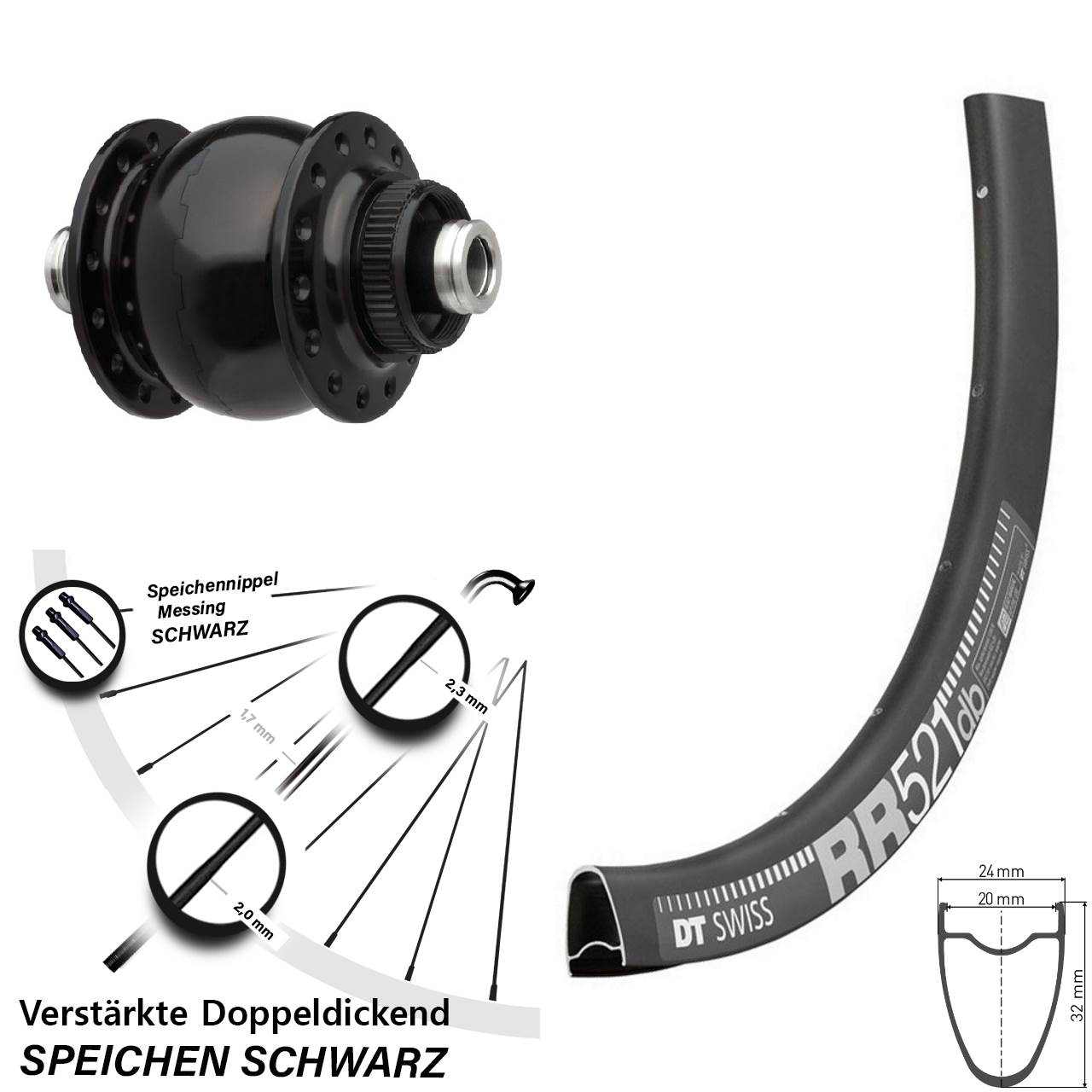 Nabendynamovorderrad Centerlock 12x100 28 Zoll DT Swiss RR521 SONdelux