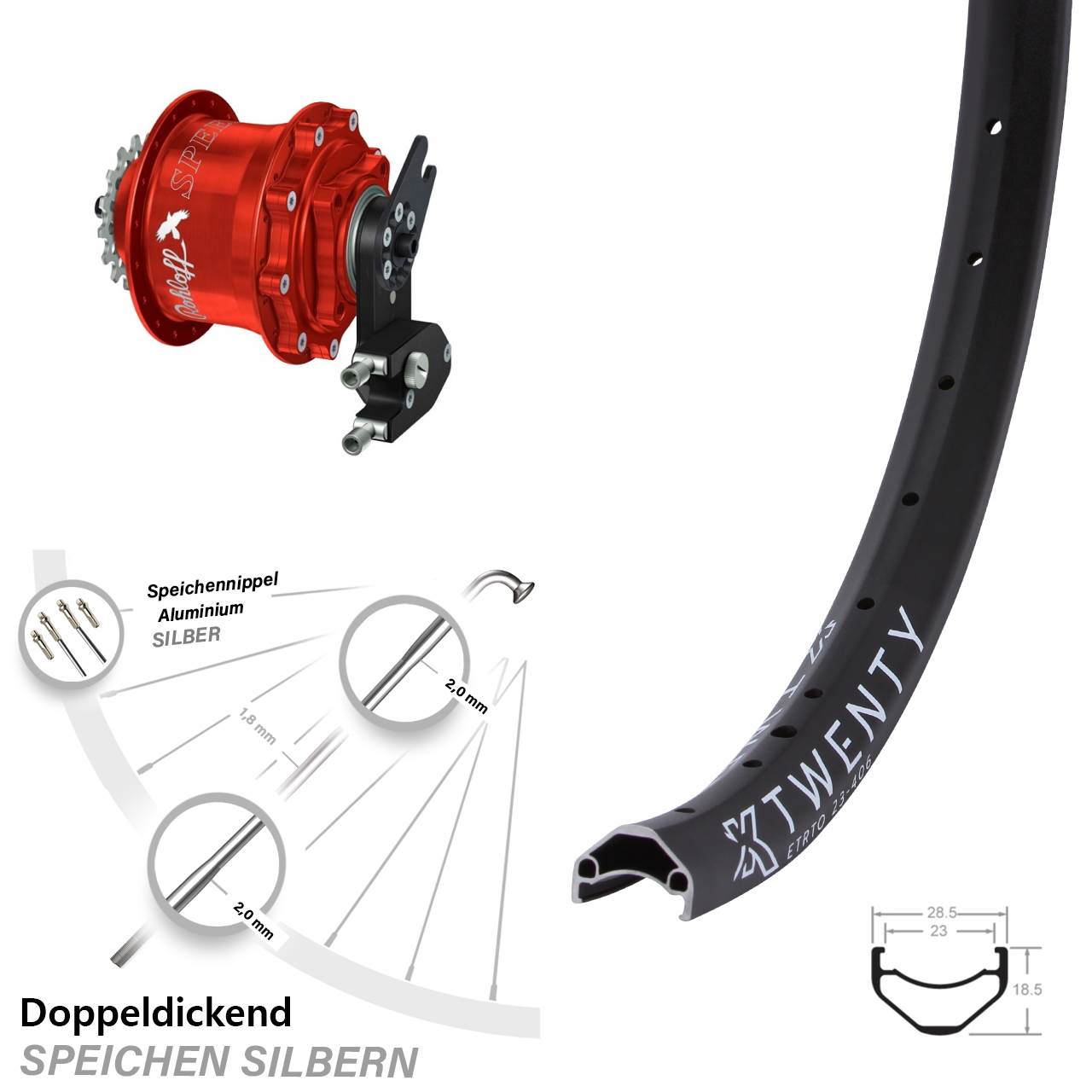 Hinterrad 20 Zoll Rohloff Speedhub 500/14 CC rot Disc OEM2 KX Twenty