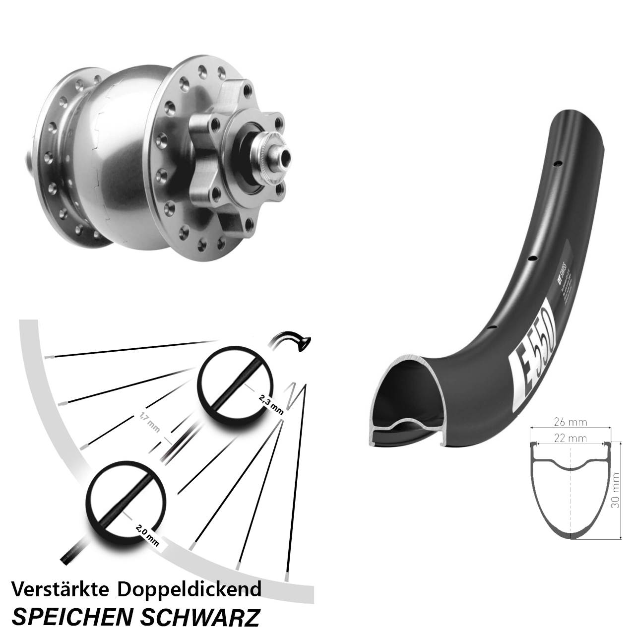 Disc Nabendynamolaufrad für Schnellspanner DT Swiss E 550 SON 28 Zoll