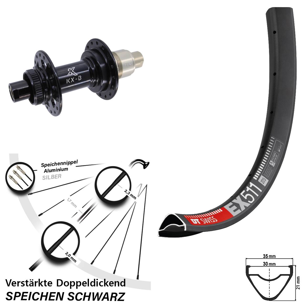 Hinterrad Centerlock 27,5 Zoll DT Swiss EX511 KX-B SRAM XD 12x148 Boost