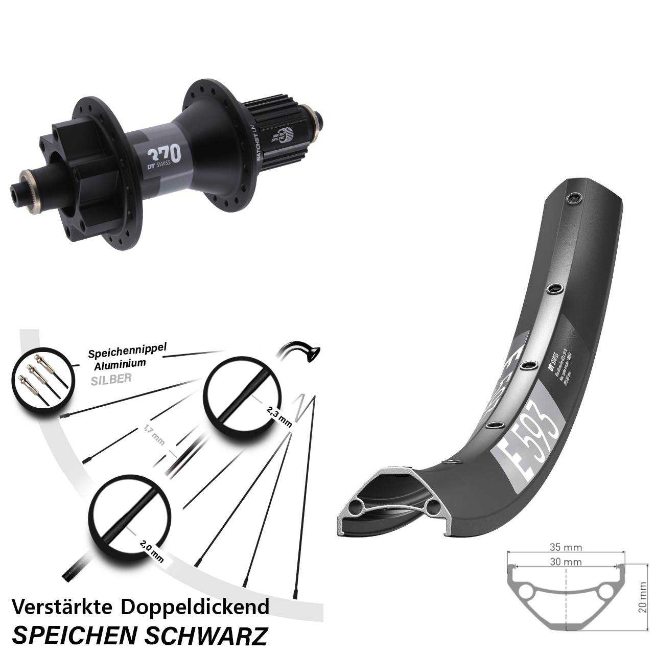 6-Loch Hinterrad 27,5 Zoll DT Swiss E593-370 Shimano Micro Spline für Schnellspanner Boost