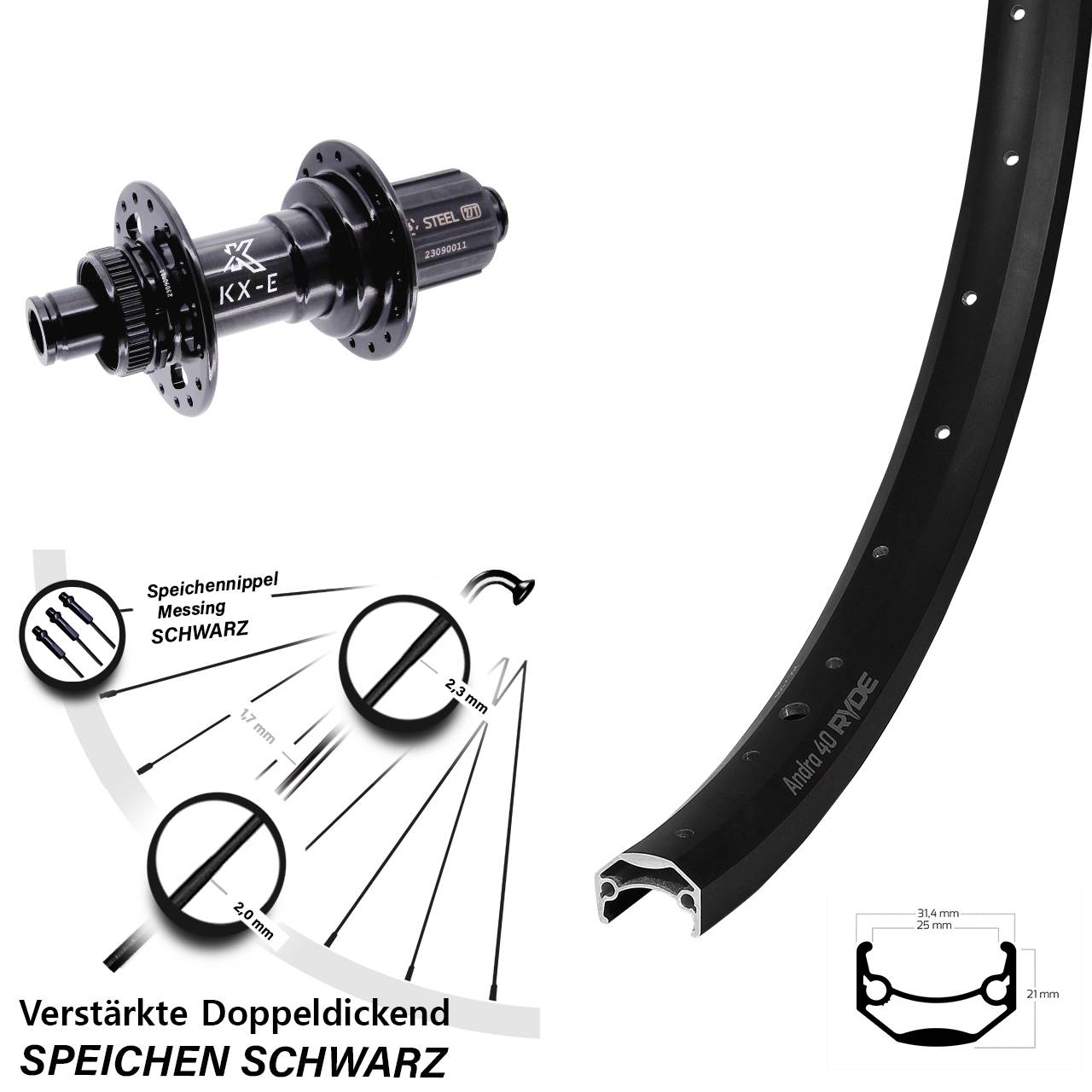 Disc Hinterrad 28-29 Zoll Ryde Andra 40 KX-E Heavy Duty 8-12 fach 12x148 Boost