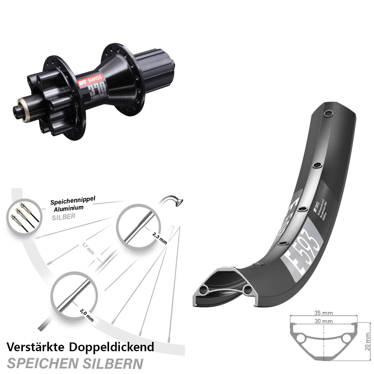 Disc Hinterrad 29 Zoll DT Swiss E 593 DT Swiss 370 Hybrid 8-11 fach für Schnellspanner