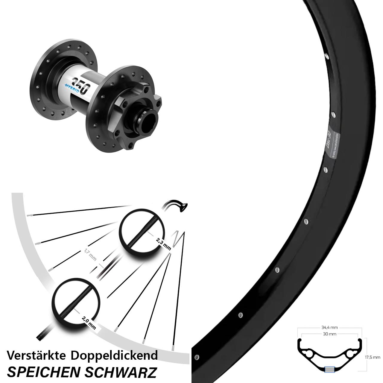 27,5 Zoll Ryde Disc 30 DT Swiss Hybrid 350 6-Loch Vorderrad 15x100