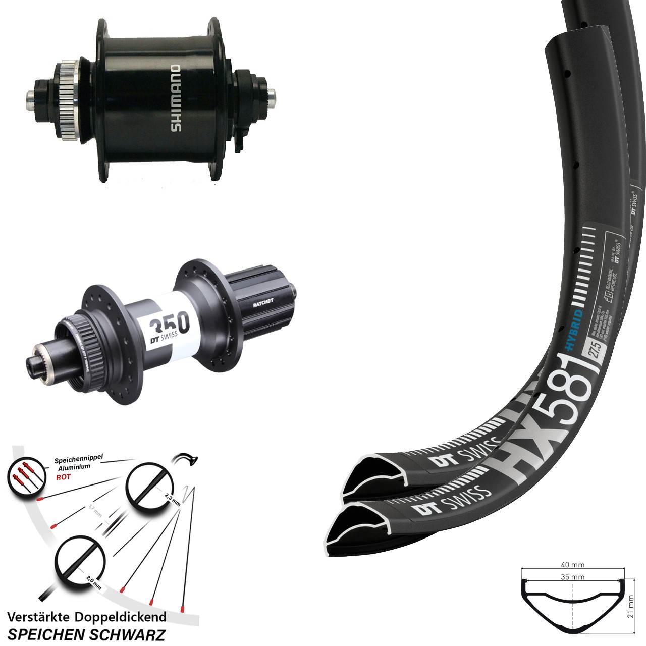 DT Swiss HX 581 350 Shimano DH-UR700 27,5 Zoll Disc Laufradsatz QR 8-11 fach schwarz